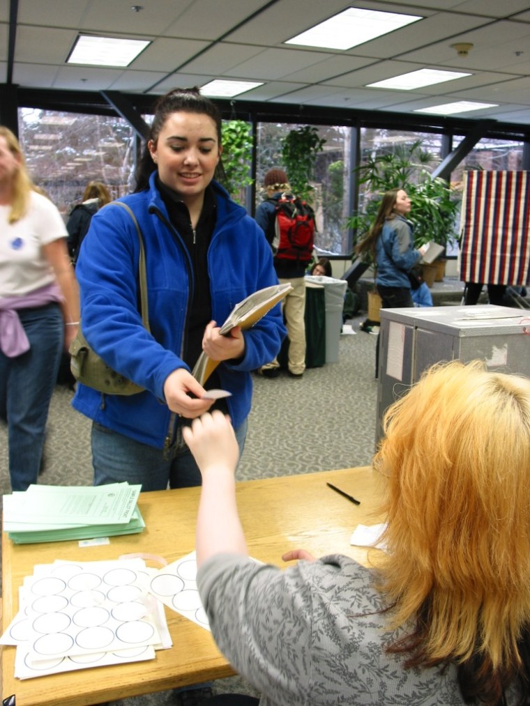 Students are voted on Nov. 2, at the University of Alaska, Anchorage. Half the people in line were first-time voters. 